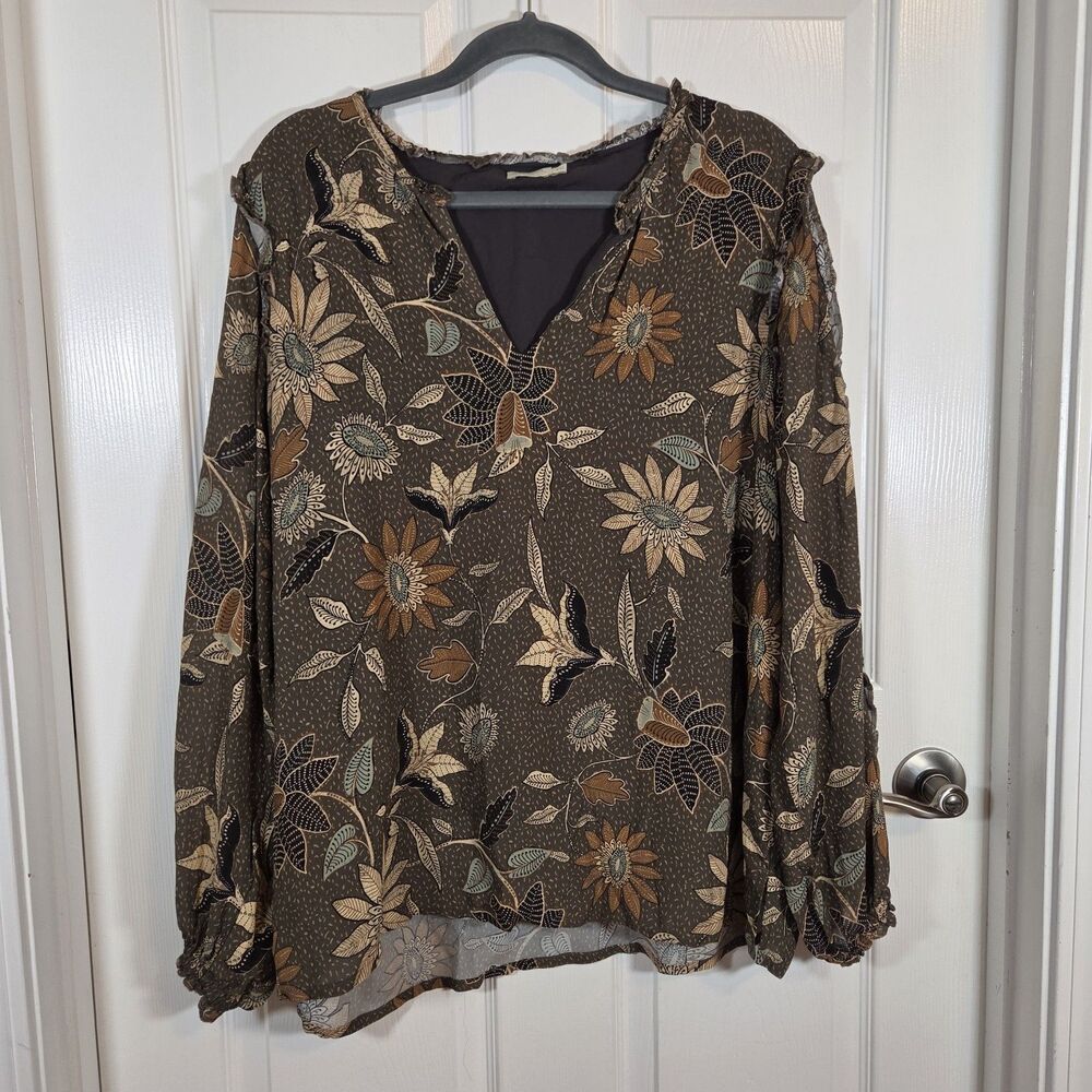 Spartina Womens XXL Earthtone Floral Vneck LS Top with Ruffle Arm Detail